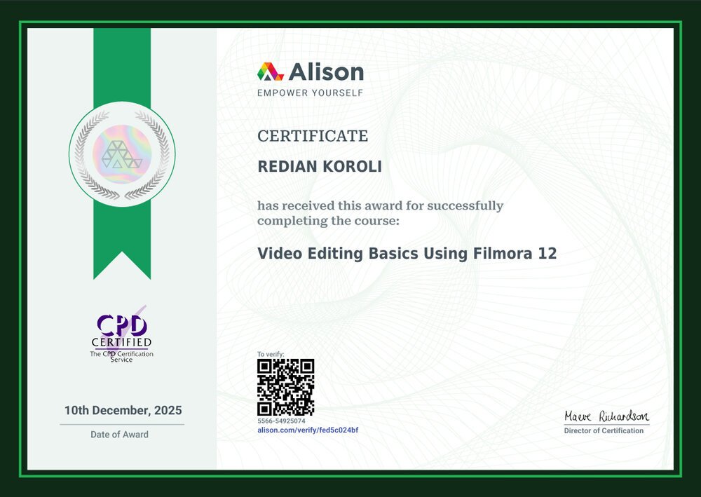 Certifikatë: Video Editing — Filmora 12 — Alison — CPD Certified